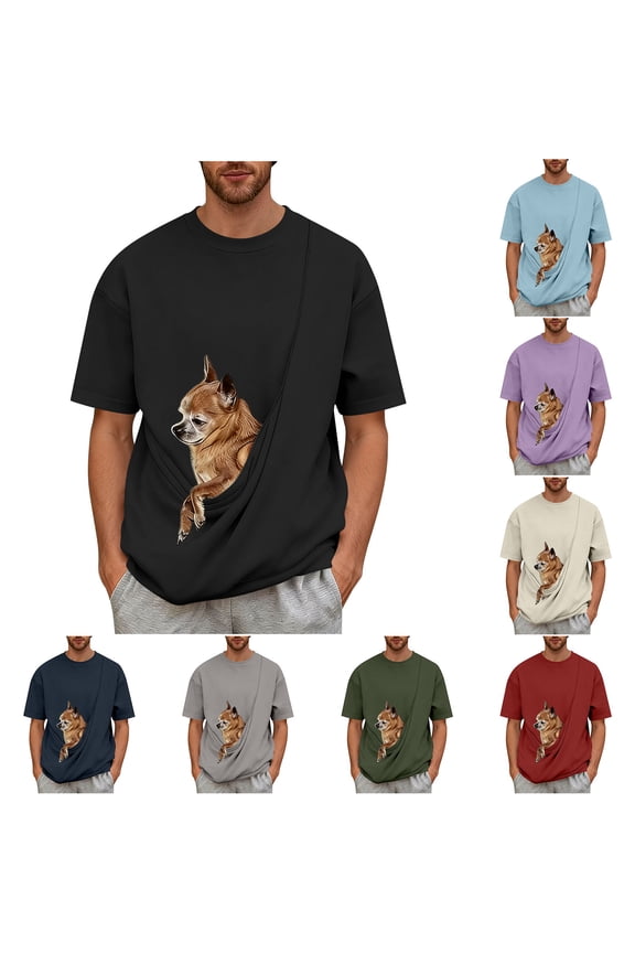 Men's Carrier Tee Shirts Short Sleeve Big Pet Pouch T-shirt Puppy Kitten Holder Carrier Pullover Top Kangaroo Pocket Shirt for Men