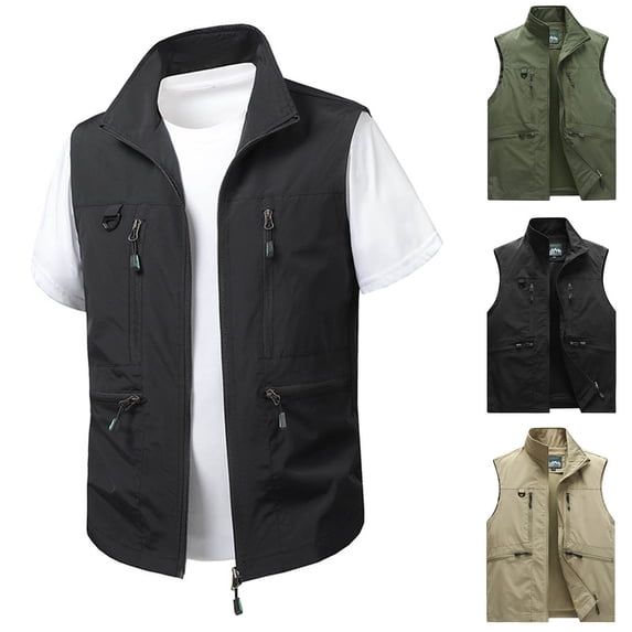 Xcmzpl Men's Casual Solid Big Size Thin Vest Sleeveless Mandarin Collar Multi Pockets Outdoor Utility Workwear Army Green M