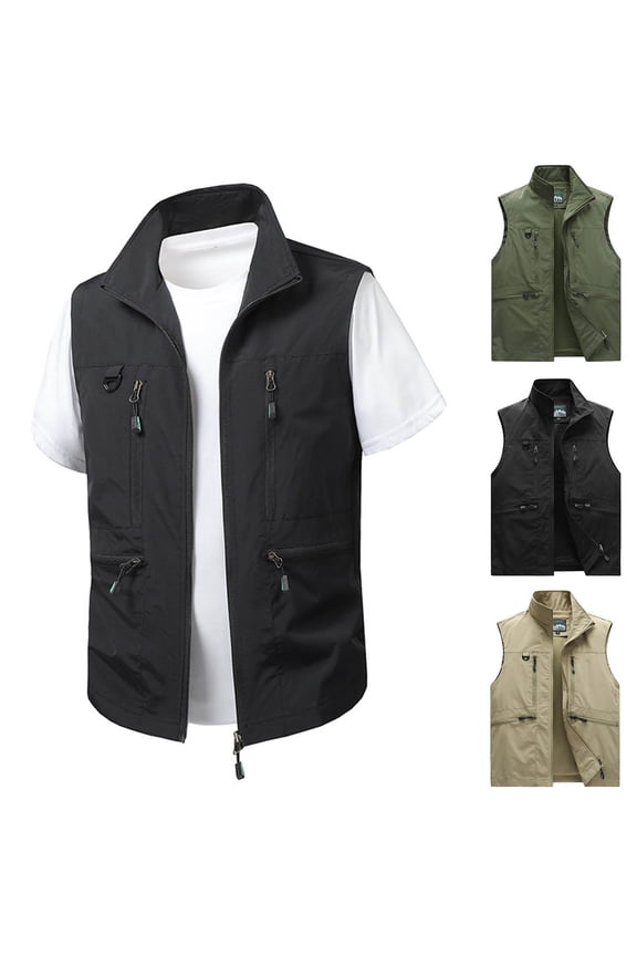 Men's Casual Solid Big Size Thin Vest Sleeveless Mandarin Collar Multi Pockets Outdoor Utility Workwear Black XXXL