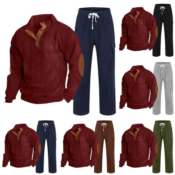 Xcmzpl Men's Corduroy Tracksuit Set 2-Piece, Vintage Loose Fit Long Sleeve Shirt and Drawstring Sweatpants with Pocket
