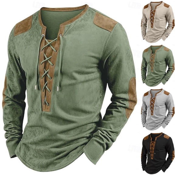 Xcmzpl Men's Cotton Lace Up Shirts Pirate Medieval Renaissance Halloween Costume Drawstring Distressed Henley Shirts Pullover
