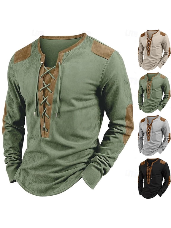 Men's Cotton Lace up Shirts Pirate Medieval Renaissance Halloween Costume Drawstring Distressed Henley Shirts Pullover
