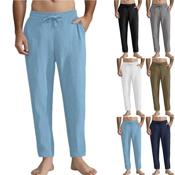 Xcmzpl Men's Cotton Linen Pants Elastic Waist Drawstring Casual Trouser Big and Tall Lightweight Straight-Legs Loose Beach Yoga Pants