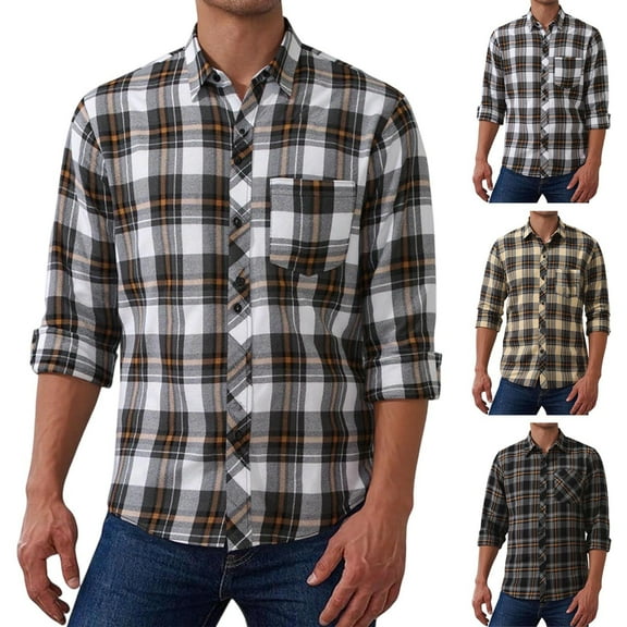 Xcmzpl Men's Fall Plaid Button Down Shirt Long Sleeve Casual Cowboy Work Shirts Big and Tall Lightweight Flannel Shirts Two Pocket
