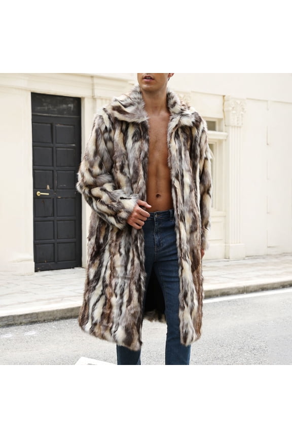 Men's Fluffy Faux Fur Coat Winter Long Jacket Open Front Lapel Collar Overcoat Warm Parka Fuzzy Fleece Furry Outwear