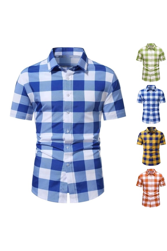 Men's Gingham Short Sleeve Button Down Shirt Summer Regular Fit Plaid Dress Shirts Lapel Collar Dressy Casual Shirt Yellow XXXL