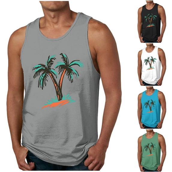 Xcmzpl Men's Hawaiian Floral Print Sleeveless Crew Neck Tanks Stretch Comfort Casual Fitness Tank Top Going Out Tee Shirts