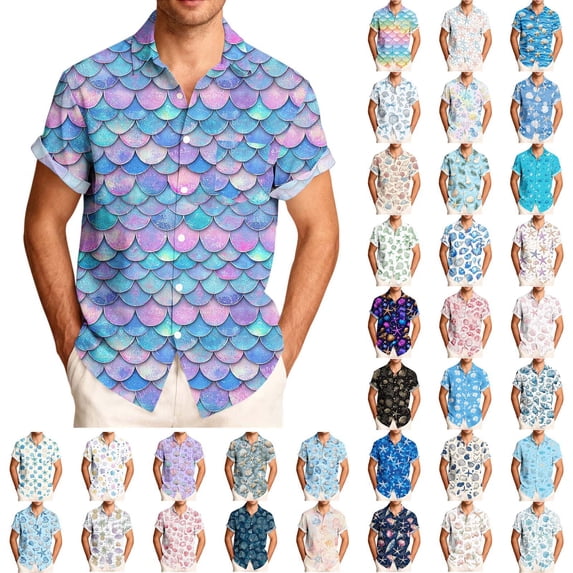 Xcmzpl Men's Hawaiian Print Button Down Shirt Short Sleeve Casual Summer Top Beach Vacation Aloha Camp Collar Shirt for Men Beige L