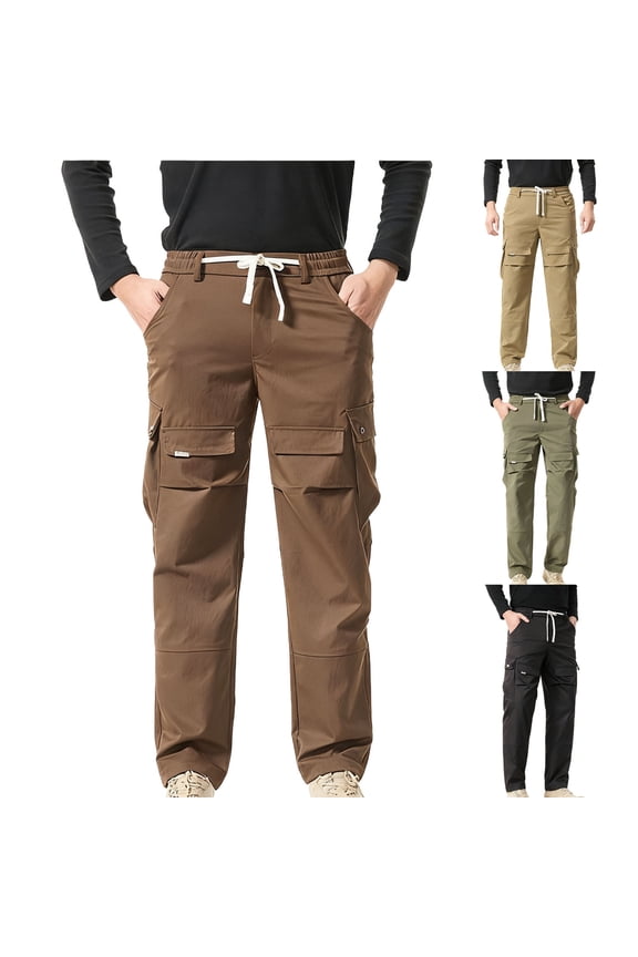 Men's Hiking Pants Cargo Pockets Elastic Waist Outdoor Work Pants Solid Straight Leg Pants Bottoms for Travel Cycing