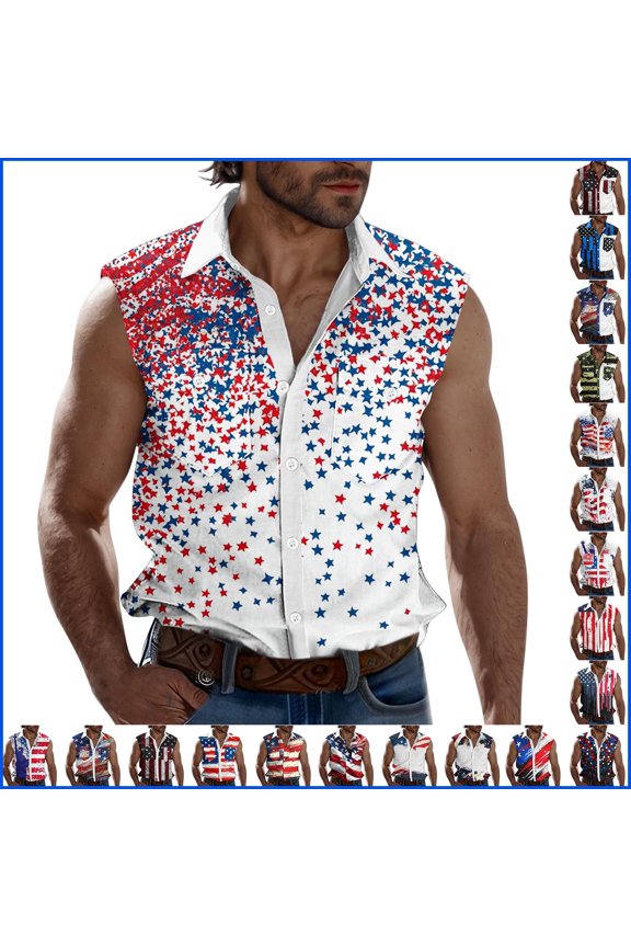Men's Independence Day Sleeveless Tanks Button Down Shirts Lapel Collar USA Flag Print Summer Casual Tank Tops