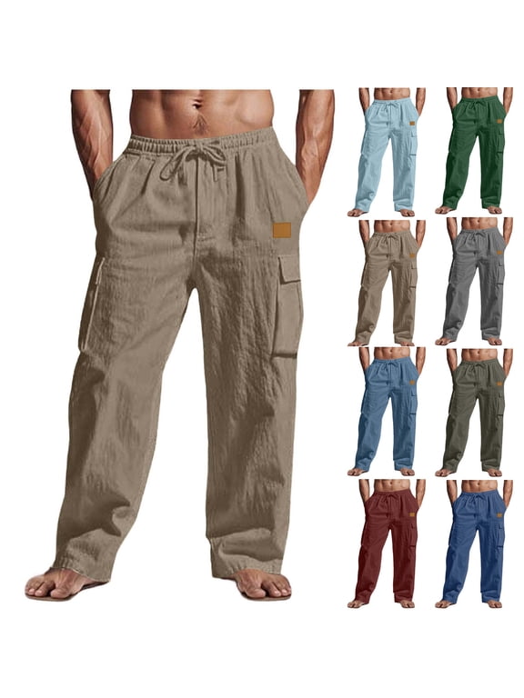 Men's Linen Pants Big and Tall Casual Cargo Pants Elastic Drawstring Waist Straight-Legs Summer Yoga Beach Long Pants with Pockets