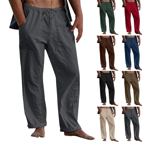 Xcmzpl Men's Linen Pants Casual Beach Summer Pant Elastic Waist Drawstring Lightweight Trousers Big and Tall Solid Loose Pants with Pocket