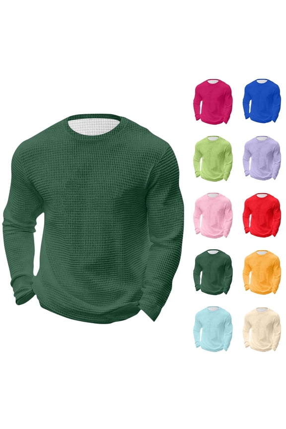Men's Long Sleeve Shirts Honeycomb Waffle Pullover Sweater Crewneck Basic Solid Thermal Tops Lightweight Undershirts