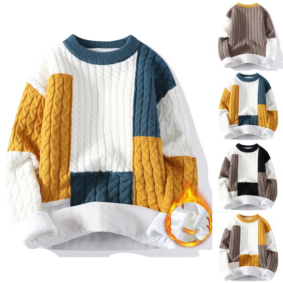 Xcmzpl Men's Oversized Cable Knit Sweaters Big and Tall Fleece Lined Warm Pullover Sweaters Crewneck Long Sleeve Color Block Sweaters