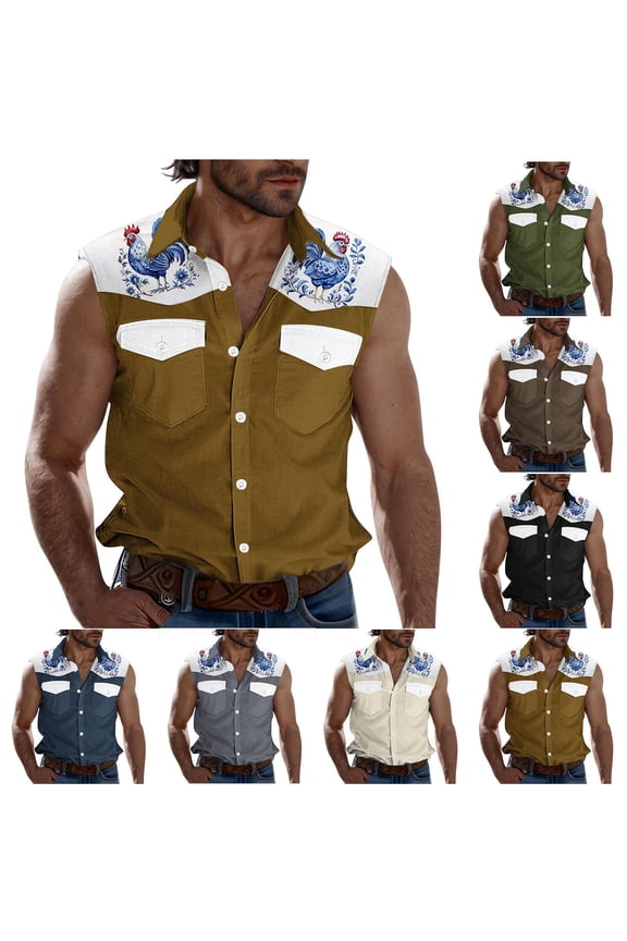 Men's Sleeveless Beach Shirts Aztec Cow Westerna Summer Button Up Tank Tops Casual Lapel Collar Tank Shirt Vintage Vests with Pockets