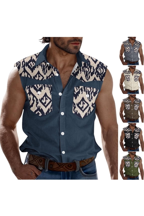 Men's Sleeveless Button Up Shirts Aztec Cow Westerna Summer Beach Tank Tops Lapel Collar Casual T Shirt Retro Ourdoor Tanks with Pocket