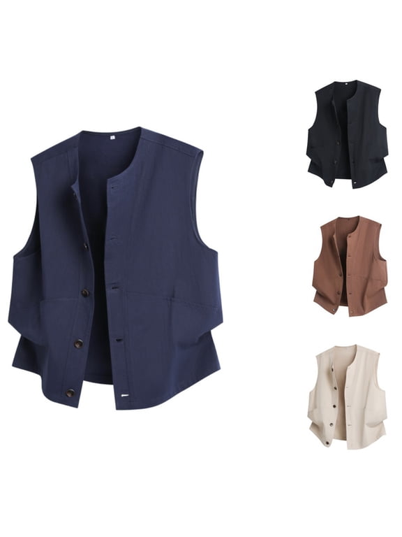 Men's Solid Crew Neck Button Down Vest Sleeveless With Pocket Casual Utility Outdoor Workwear Black XXL