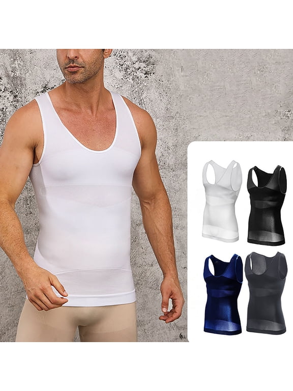 Men's Solid Mesh Shaping Tank Tops Sleeveless Crew Neck Back Trainer Waist Trimmer Gym Tee White XL