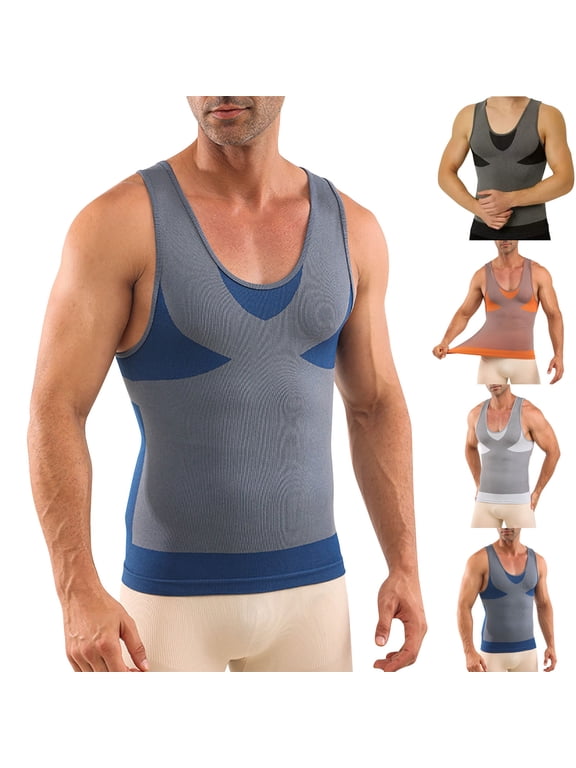 Men's Solid Shaping Tank Tops Sleeveless Crew Neck Back Trainer Waist Trimmer Gym Workout Tee Black M