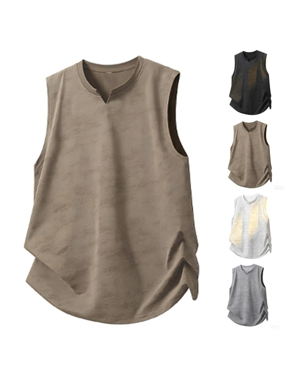 Men's Summer Casual Solid V Neck Tank Tops Sleeveless Simple Basic Lightweight Breathable Tee Coffee XXXL