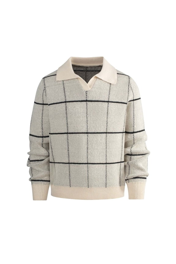 Men's Sweaters Fall Plaid Knit Sweaters Johnny Collar Long Sleeve Classic Sweaters Casual Knit Pullover Tops for Men S-XL