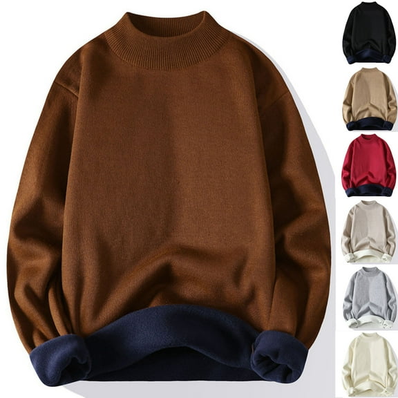 Xcmzpl Men's Sweaters Warm Fleece Lined Sweaters Mock Neck Long Sleeve Knit Pullover Sweater Big and Tall Solid Fall Sweaters