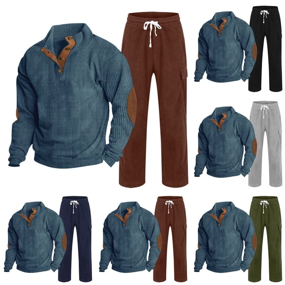 Xcmzpl Men's Tracksuits 2 Piece Set Tactical Sportwear Corduroy Button Up Pullover and Wide Leg Cargo Pants Military Lounge Set Pocket