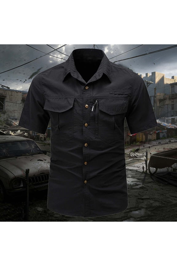 Men's UPF 50+ Cargo Shirt Short Sleeve Quick Dry Button Down Shirts with Pocket for Work Outdoor Hiking Camping Hunting Fishing