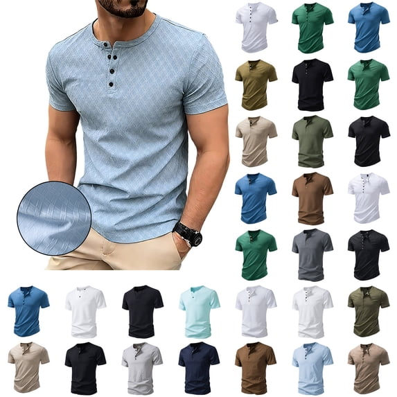 Xcmzpl Men's Waffle Henley Shirts Short Sleeve Casual Basic Tee Summer Button Soild T Shirts Camiseta Henley de Malla Gofre de Manga Corta Masculina
