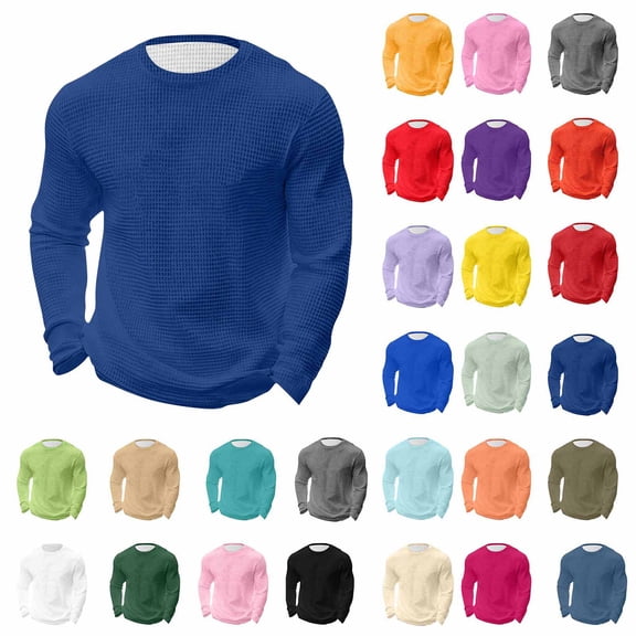 Xcmzpl Men's Waffle Long Sleeve Shirts Basic Solid Crew Neck T-Shirts Casual Thermal Textured Knit Tops Lightweight Undershirts