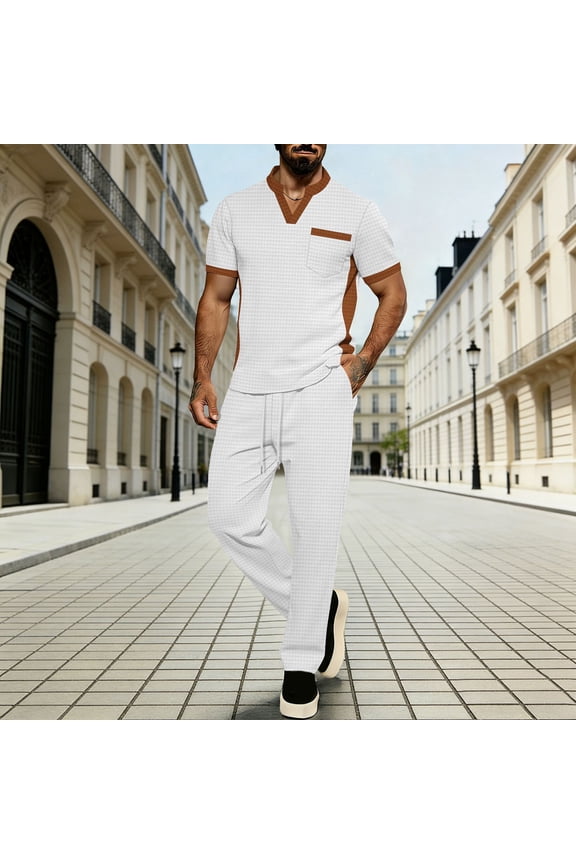 Men's Walking Suits 2 Piece Short Sleeve T-Shirts Long Pants Waffle Knit Sweat Suits Tops Pants Sets Color Block Outfits with Pocket S-3XL