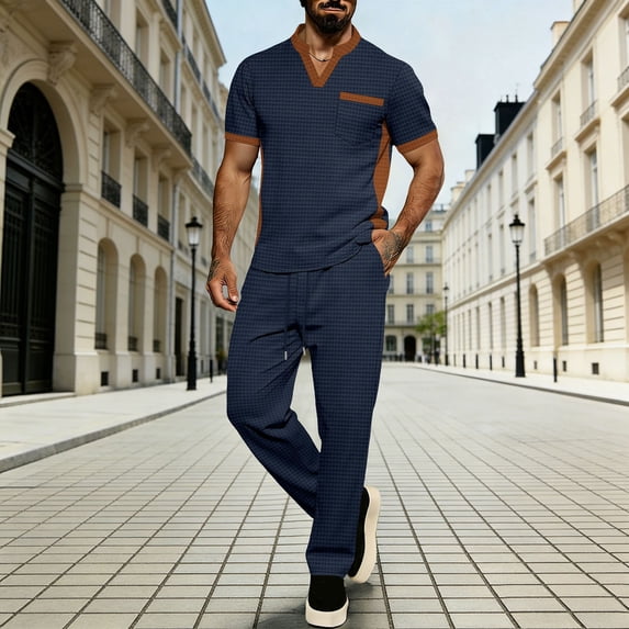 Xcmzpl Men's Walking Suits 2 Piece Short Sleeve T-Shirts Long Pants Waffle Knit Sweat Suits Tops Pants Sets Color Block Outfits with Pocket S-3XL