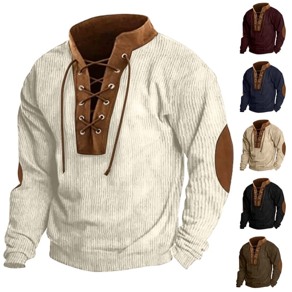 Xcmzpl Men's Westerna Corduroy Sweatshirt Stand Collar 1/4 Lace up Pullover Long Sleeve Vintage Fall Winter Sweaters S-3XL