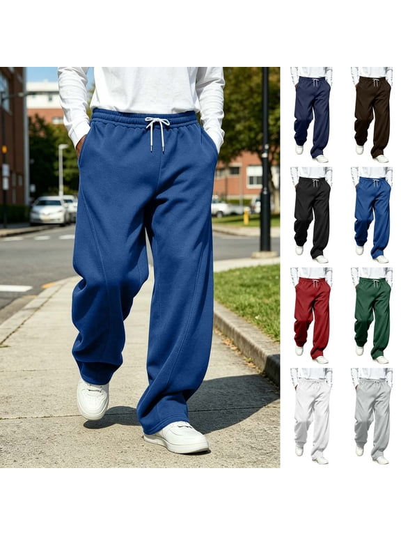 Men's Wide Leg Sweatpants Athletic Joggers Elastic Waist Baggy Open Bottom Sweat Pants Solid Thic Fleece Line Fall Track Pant with Pocket