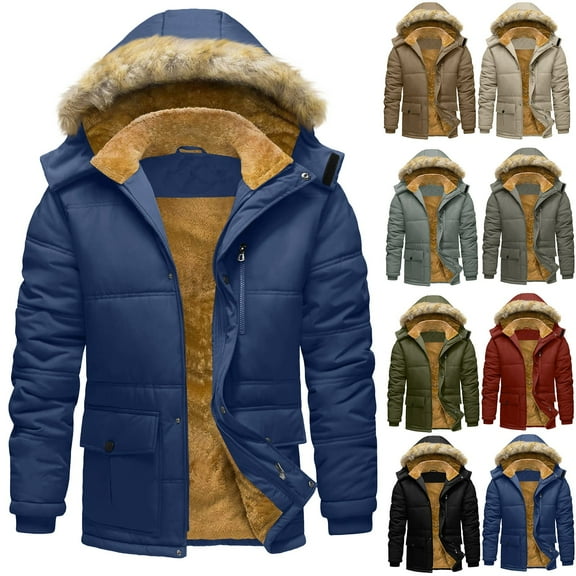 Xcmzpl Men's Winter Coat Warm Parka Jacket with Faux Fur Removable Hood Windproof Fleece Lined Warm Winter Jacket Outwear with Pockets