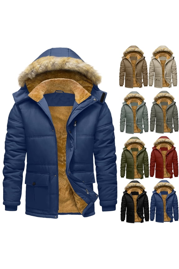 Men's Winter Coat Warm Parka Jacket with Faux Fur Removable Hood Windproof Fleece Lined Warm Winter Jacket Outwear with Pockets