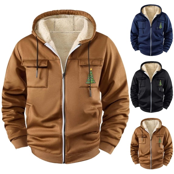 Xcmzpl Men's Zip up Sherpa Lined Hoodies Thick Fleece Heavyweight Jacket Santa Print Pocket Thermal Warm Hooded Jacket Athletic Casual Winter Sweatshirts S-3XL