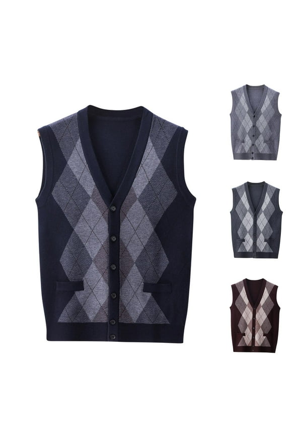 Mens Argyle Sweater Vests V Neck Sleeveless Cardigan Vest Knitwear Button Down Sweater Vests Casual Dressy Cardigan Sweaters