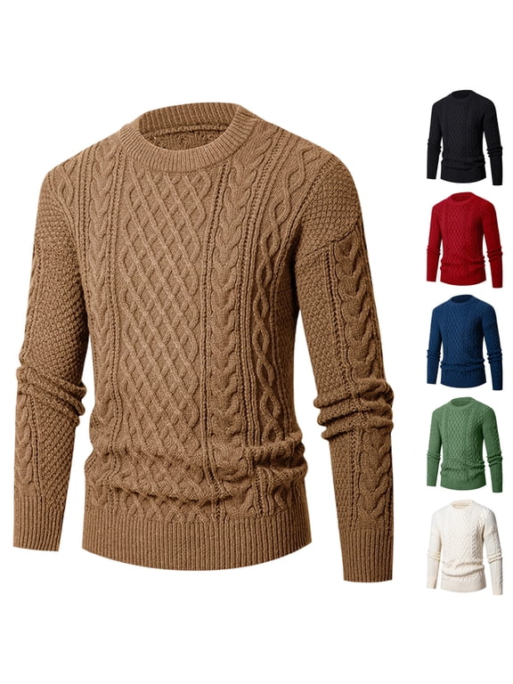 Mens Cable Knit Sweater Casual Long Leeve Crewneck Pullover Sweaters Solid Slinm Fit Twist Textured Fisherman Sweater