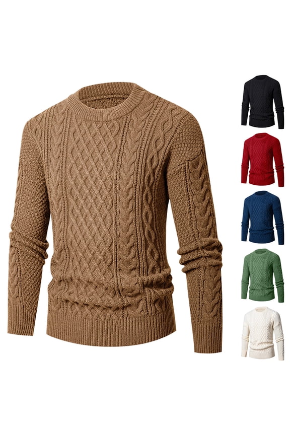 Mens Cable Knit Sweater Casual Long Leeve Crewneck Pullover Sweaters Solid Slinm Fit Twist Textured Fisherman Sweater