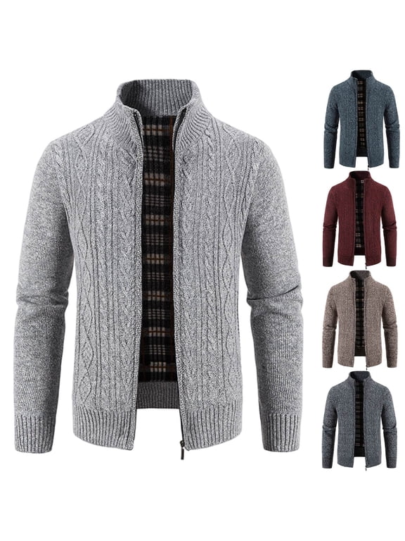 Mens Cardigan Sweater Big and Tall Full Zip up Stand Collar Cardigans Solid Cable Knit Sweater Jacket Fall Casual Knit Sweaters