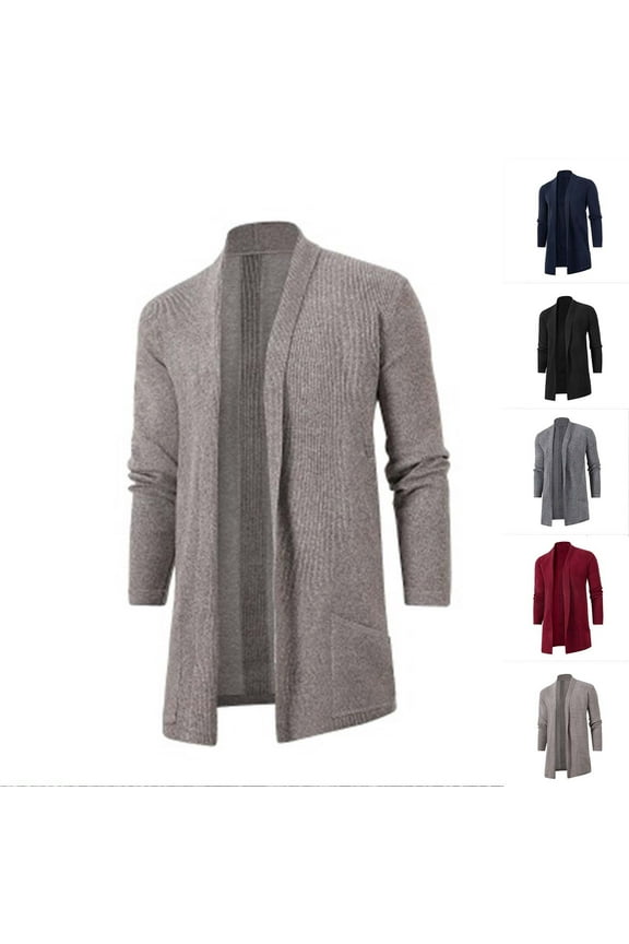 Mens Cardigan Sweater Shawl Collar Cable Knit Cardiagn Long Winter Open Front Sweaters Solid Cardigan Jacket with Pockets