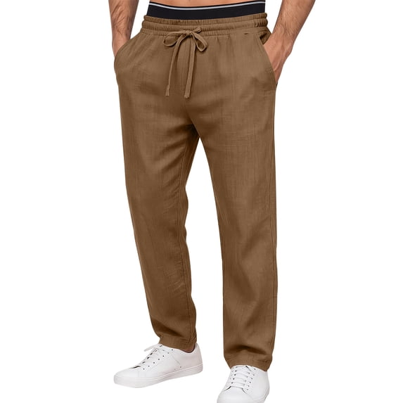 Xcmzpl Mens Casual Linen Pants Big and Tall Elastic Waist Solid Trousers Baggy Summer Pants with Pocket for Vacation Beach Casualwear