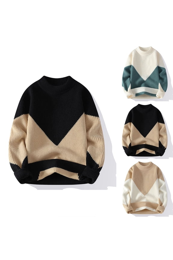 Mens Chunky Sweaters Big and Tall Ribbed Knit Pullover Sweaters Long Sleeve Color Block Warm Sweater for Fall Winter