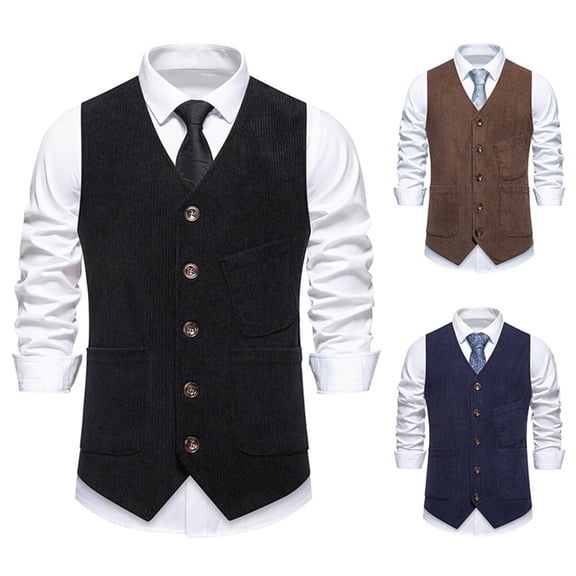 Xcmzpl Men's Corduroy Vest V Neck Single Breasted Sleeveless Vintage Waistcoat with Pockets