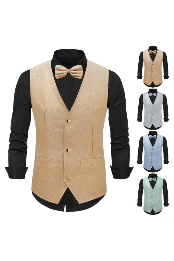 Mens Disco Sequin Vest V Neck Sleeveless with Bow Tie Party Dance Wedding Banquet S-2XL