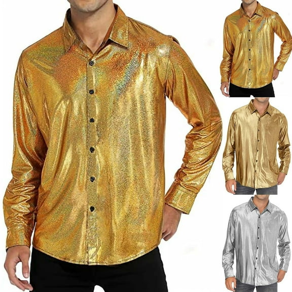 Xcmzpl Mens Disco Shirt Outfit Retro 70s Shirts for Men Sequin Glitter Long Sleeve Button Down Disco Outfits Party Costume