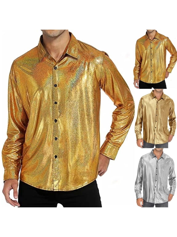 Mens Disco Shirt Outfit Retro 70s Shirts for Men Sequin Glitter Long Sleeve Button Down Disco Outfits Party Costume