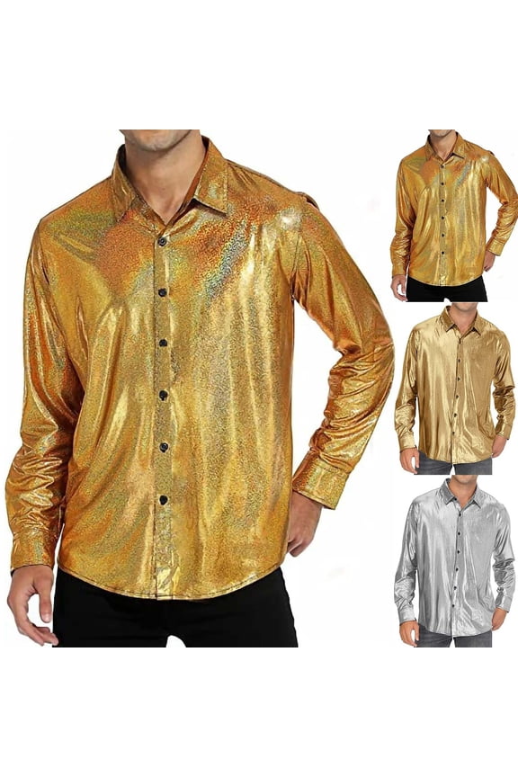 Mens Disco Shirt Outfit Retro 70s Shirts for Men Sequin Glitter Long Sleeve Button Down Disco Outfits Party Costume