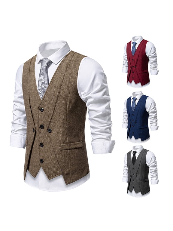 Mens Fake Two Layer Vest V Neck Single Breasted Sleeveless Vintage Waistcoat with Pockets